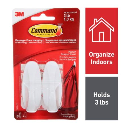 Command Medium Designer Hooks with Adhesive Strips, White, 3-lbs, 2 Strips per Pack