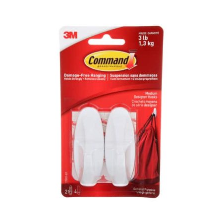 Command Medium Designer Hooks with Adhesive Strips, White, 3-lbs, 2 Strips per Pack