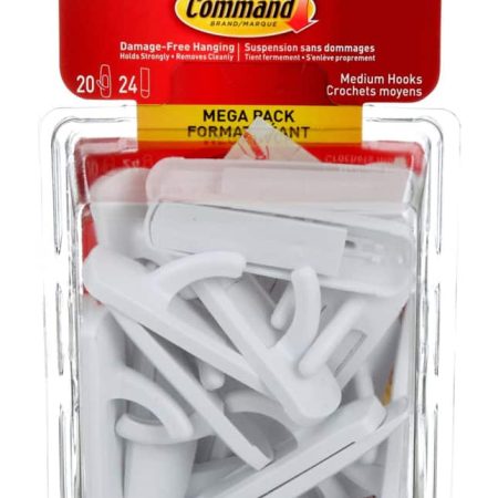 Command Medium Hooks Mega Pack with Adhesive Strips, White, 3-lbs, 20 Strips per Pack