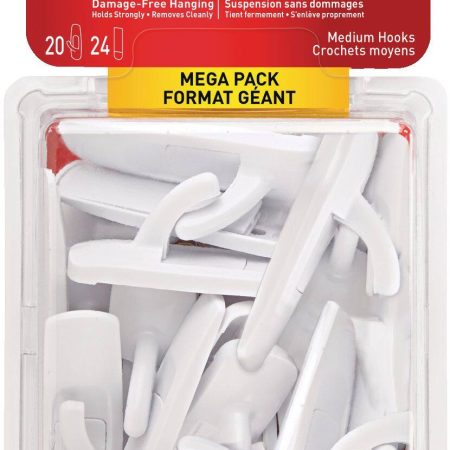 Command Medium Hooks Mega Pack with Adhesive Strips, White, 3-lbs, 20 Strips per Pack