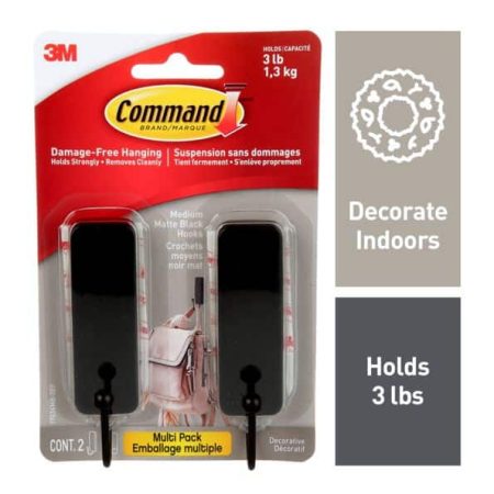 Command Medium Decorative Hooks with Adhesive Strips, Matte Black, 3-lbs, 2 Strips per Pack