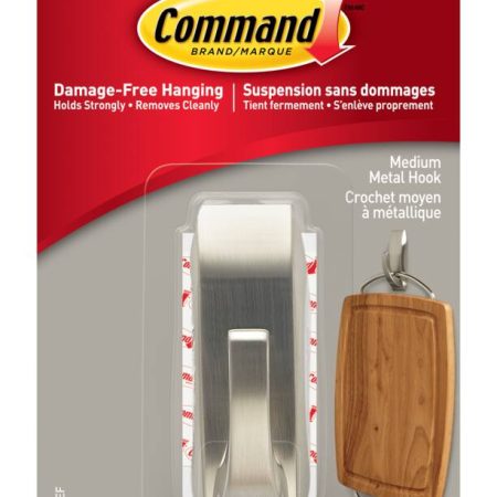 Command Medium Metal Décor Hook with Adhesive Strips, Brushed Nickel, 3-lbs, 1 Strip per Pack