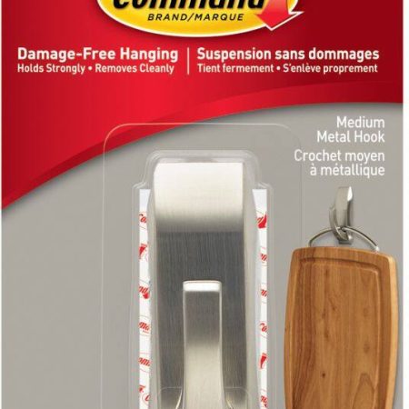 Command Medium Metal Décor Hook with Adhesive Strips, Brushed Nickel, 3-lbs, 1 Strip per Pack