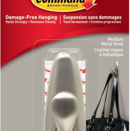 Command Medium Decorative Metal Hook with Adhesive Strips, Brushed Nickel, 3-lbs, 1 Strip per Pack