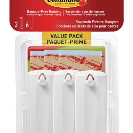 Command Adhesive Sawtooth Picture Hanging Hooks with Adhesive Strips, White, 4-lbs, 3 Strips per Pack