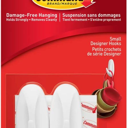 Command Small Designer Hooks with Adhesive Strips, White, 1-lb, 2 Strips per Pack