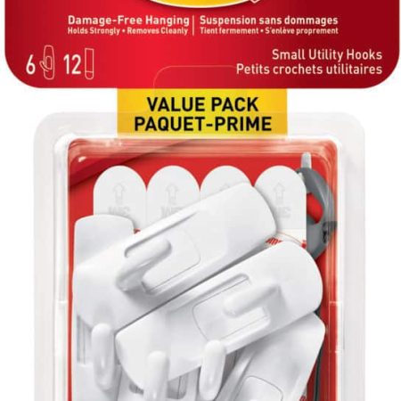 Command Small Utility Hooks Value Pack with Adhesive Strips, White, 1-lb, 6 Strips per Pack