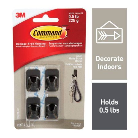 Command Small Decorative Hooks with Adhesive Strips, Matte Black, 0.5-lbs, 4 Strips per Pack