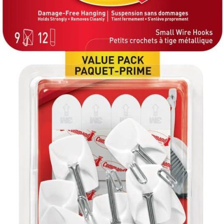 Command Small Wire Hooks Value Pack with Adhesive Strips, White, 0.5-lbs, 9 Strips per Pack