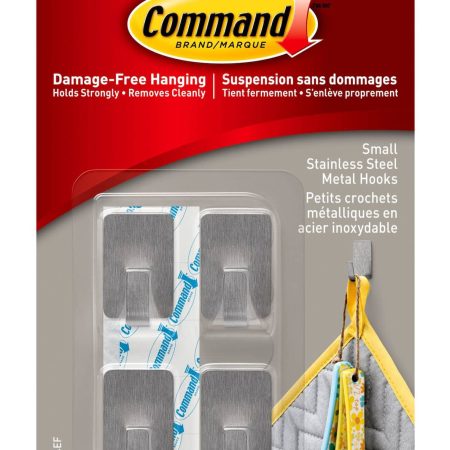 Command Small Stainless Steel Metal Hooks with Adhesive Strips, Silver, 0.5-lbs, 4 Strips per Pack