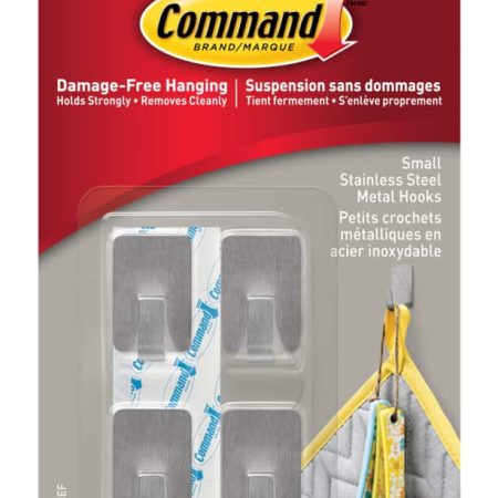 Command Small Stainless Steel Metal Hooks with Adhesive Strips, Silver, 0.5-lbs, 4 Strips per Pack