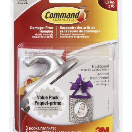 Command Medium Traditional Metallic Hook Value Pack with Adhesive Strips, Nickel-Plated, 3-lbs, 3 Strips per Pack