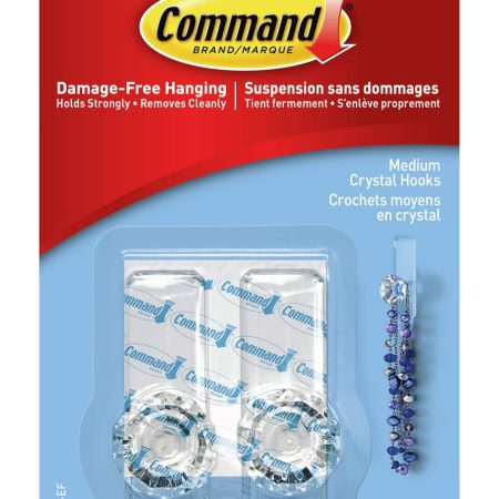 Command Medium Decorative Crystal Hooks with Adhesive Strips, Clear, 2-lbs, 2 Strips per Pack