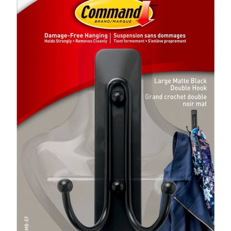 Command Large Double Hook with Adhesive Strips, Matte Black, 4-lbs, 1 Strip per Pack