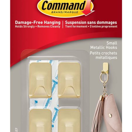 Command Small Metallic Hooks with Adhesive Strips, Brass, 0.5-lbs, 4 Strips per Pack