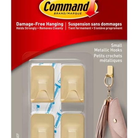 Command Small Metallic Hooks with Adhesive Strips, Brass, 0.5-lbs, 4 Strips per Pack