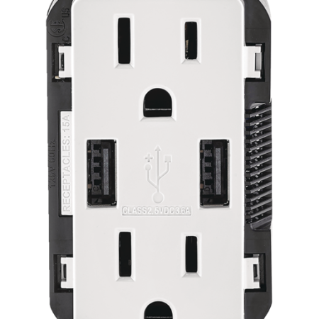 Leviton T5632-722 USB Type-A Wall Outlet Charger with 15A Tamper-Resistant Receptacles, White