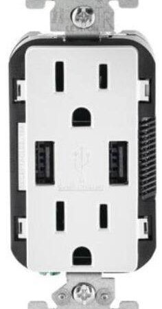 Leviton T5632-754 Decora 2-Port USB Type-A Wall Outlet Charger with 15A Tamper-Resistant Receptacles, White, 2-pk