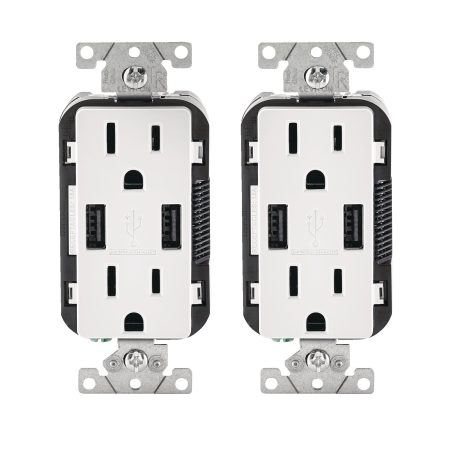 Leviton T5632-754 Decora 2-Port USB Type-A Wall Outlet Charger with 15A Tamper-Resistant Receptacles, White, 2-pk