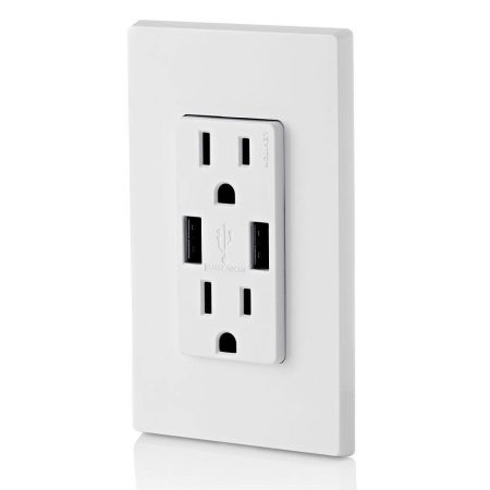 Leviton T5632-754 Decora 2-Port USB Type-A Wall Outlet Charger with 15A Tamper-Resistant Receptacles, White, 2-pk