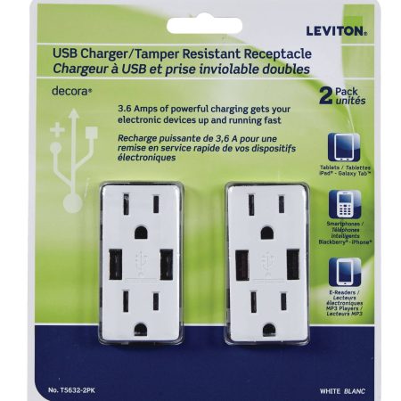 Leviton T5632-754 Decora 2-Port USB Type-A Wall Outlet Charger with 15A Tamper-Resistant Receptacles, White, 2-pk