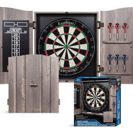 EastPoint Derbyshire Sisal Bristle Dartboard Cabinet Set w/ 6 Darts & Chalk Scoreboard,