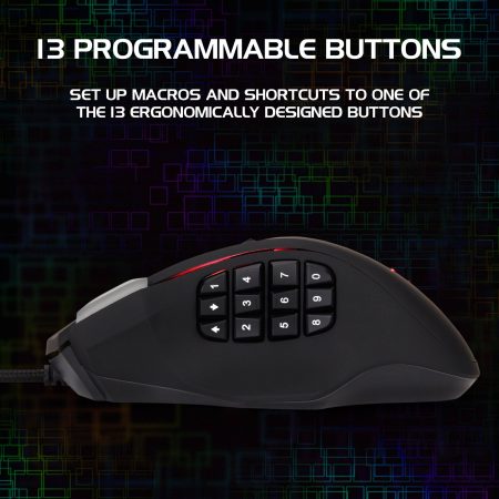 ENHANCE Theorem MMO 2 LED PRO Gaming Mouse with 13 Programmable Side Buttons, Black