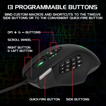 ENHANCE Theorem MMO 2 LED PRO Gaming Mouse with 13 Programmable Side Buttons, Black