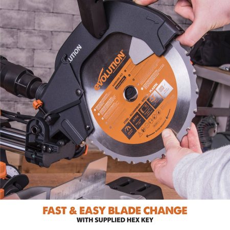 Evolution R255SMS 15 Amp Single-Bevel Sliding Mitre Saw with 10-in Multi-Material Cutting Blade