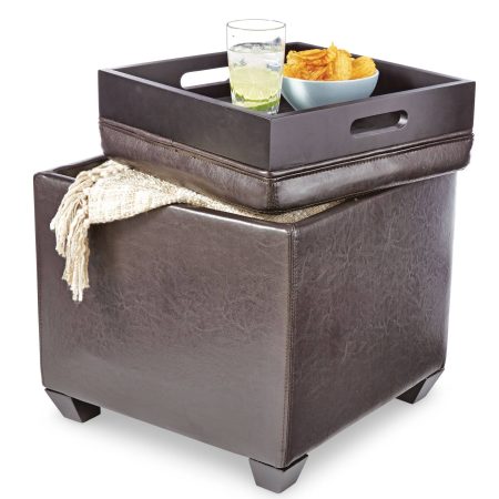 For Living Storage Cube Ottoman/Footrest/Seat With Built-In Tray Table, Espresso Brown