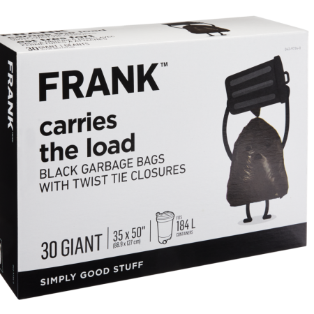 FRANK Giant Twist-Tie Outdoor Garbage Bags, 30-pk, Black, 184-L