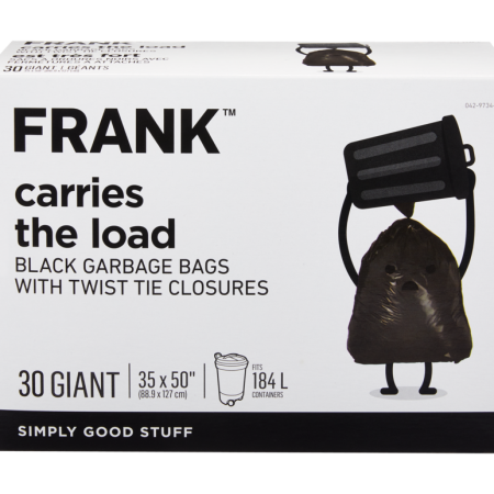 FRANK Giant Twist-Tie Outdoor Garbage Bags, 30-pk, Black, 184-L