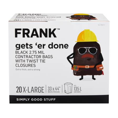 FRANK Extra-Large Twist-Tie Contractor Garbage Bags, 20-pk, Black, 135-L