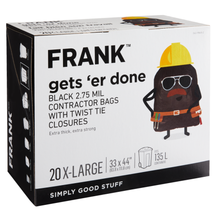 FRANK Extra-Large Twist-Tie Contractor Garbage Bags, 20-pk, Black, 135-L