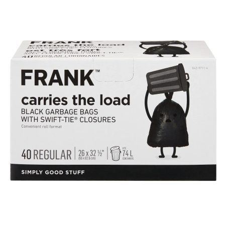 FRANK Regular Swift-Tie Garbage Bags, 40-pk, Black, 74-L