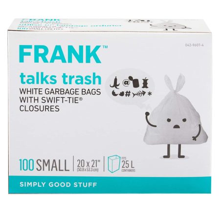 FRANK Small Swift-Tie Unscented Garbage Bags, 100-pk, White, 25-L