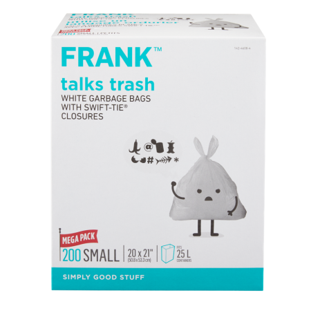 FRANK Small Swift-Tie Unscented Garbage Bags, 200-pk, White, 25-L