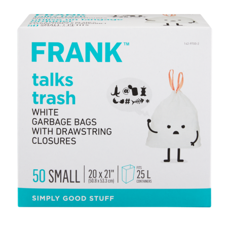 FRANK Small Drawstring Unscented Garbage Bags, 50-pk, White, 25-L