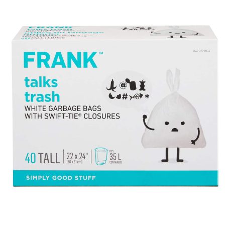 FRANK Tall Swift-Tie Unscented Garbage Bags, 40-pk, White, 35-L