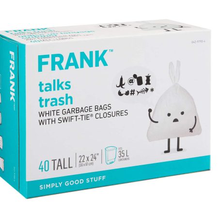 FRANK Tall Swift-Tie Unscented Garbage Bags, 40-pk, White, 35-L