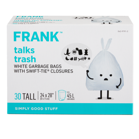 FRANK Tall Swift-Tie Unscented Garbage Bags, 30-pk, White, 45-L