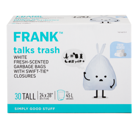 FRANK Tall Swift-Tie Fresh Scented Garbage Bags, 30-pk, White, 45-L