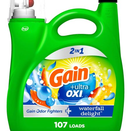 Gain Ultra Oxi Liquid Laundry Detergent, 2-in-1 HE Compatible Laundry Soap, Waterfall Delight, 107-Load, 4.55-L