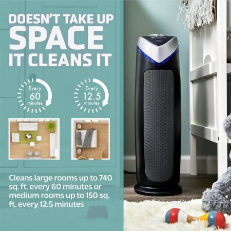 GermGuardian AC4825DLX 4-in-1 HEPA Filter & UVC Tower Air Purifier, Removes Allergens & Odours, Black, Small-Medium Room