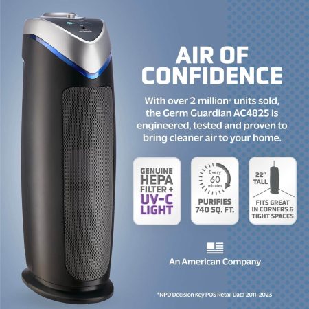 GermGuardian AC4825DLX 4-in-1 HEPA Filter & UVC Tower Air Purifier, Removes Allergens & Odours, Black, Small-Medium Room