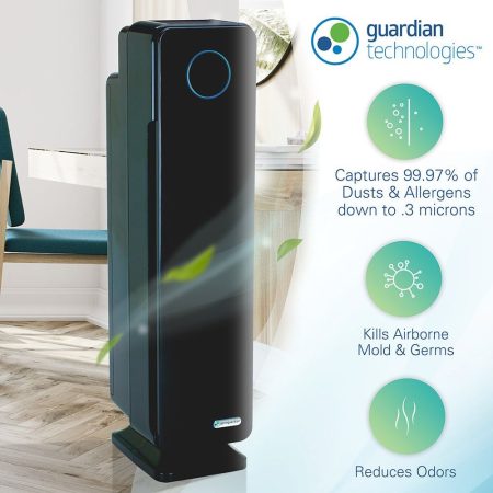 GermGuardian AC5350B Elite 4-in-1 HEPA Filter & UVC Tower Air Purifier, Removes Allergens & Odours, Black, Small-Medium Room