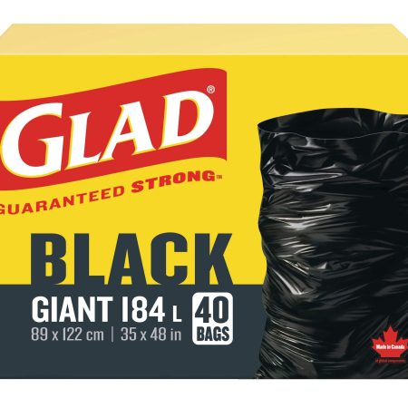 Glad Giant Easy-Tie Flap Indoor/Outdoor Garbage Bags, 40-pk, Black, 184-L