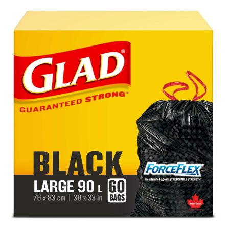 Glad Large ForceFlex Drawstring Garbage Bags, 60-pk, Black, 90-L