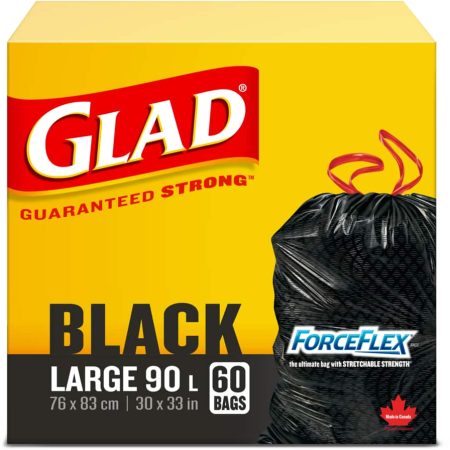 Glad Large ForceFlex Drawstring Garbage Bags, 60-pk, Black, 90-L