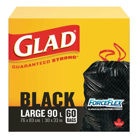 Glad Large ForceFlex Drawstring Garbage Bags, 60-pk, Black, 90-L